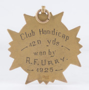 ATHLETICS: Attractive 9ct gold fob (6.1gms) engraved verso "Club Handicap - 120 yds - won by R.F. URRY. 1925". - 2