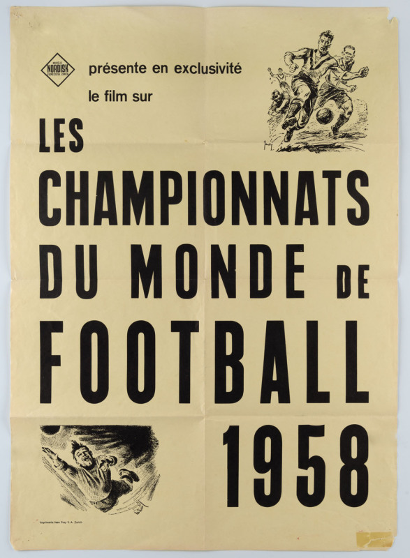 WORLD CUP FOOTBALL:1958 Swiss poster for film "Les Championnats Du Monde De Football 1958" (50x70cm, corner defects) and German poster for "Fussball-Weltmeisterscaft 1958" (30x42cm) in good condition; also framed and glazed "Il Giornale D'Italia" newspape