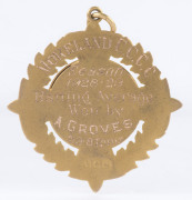 An attractive 9ct gold fob (3.3gms) engraved verso "MORELAND C.C.C.C. Season 1928-29 Batting Average Won by A. GROVES 39.8 Runs". - 2