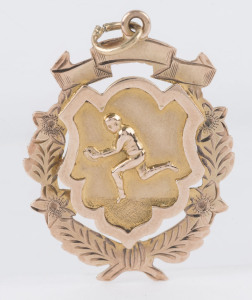 BEULAH FOOTBALL CLUB: Lovely 9ct gold fob (3.3gms) engraved verso "BEAULAH FOOTBALL CLUB - Presented to J. ROBERTS by G.J. O'MEARA - most improved player 1924".