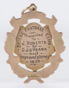 BEULAH FOOTBALL CLUB: Lovely 9ct gold fob (3.3gms) engraved verso "BEAULAH FOOTBALL CLUB - Presented to J. ROBERTS by G.J. O'MEARA - most improved player 1924". - 2