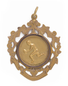 Attractive 9ct gold presentation fob (5.1gms) engraved verso "N.W.F.A. Lascelles Premiers - G.A.Fitch - Season 1920". Lascelles Football Club was part of the North West Football Association. In 1951 Lascelles merged with Woomelang to form the Woomelang Lascelles Club.