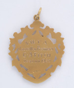 Attractive 9ct gold presentation fob (5.1gms) engraved verso "N.W.F.A. Lascelles Premiers - G.A.Fitch - Season 1920". Lascelles Football Club was part of the North West Football Association. In 1951 Lascelles merged with Woomelang to form the Woomelang L - 2