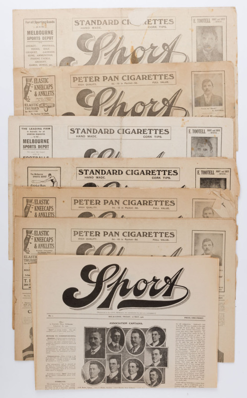 'SPORT' NEWSPAPER: facsimile of the 1908 (May 1) first edition of this weekly newspaper with Aussie Rules Football being its major focus, fine condition; also six other original editions of 'Sport', three from 1911 and three from 1913 in mixed condition.