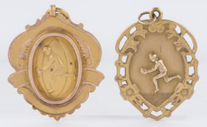 Two 9ct gold award fobs (9.6gms total), circa 1920s; both unengraved. (2).