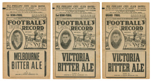 "THE FOOTBALL RECORD": 1942 1st Semi Final, South Melbourne v Footscray; 2nd Semi Final, Essendon v Richmond; and Grand Final, Essendon v Richmond. Fair/Good condition (3).