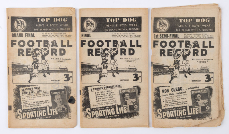 "THE FOOTBALL RECORD": 1949 1st Semi-Final Collingwood v Essendon; Preliminary Final, North Melbourne v Essendon; Grand Final, Carlton v Essendon. Fair condition. (3)