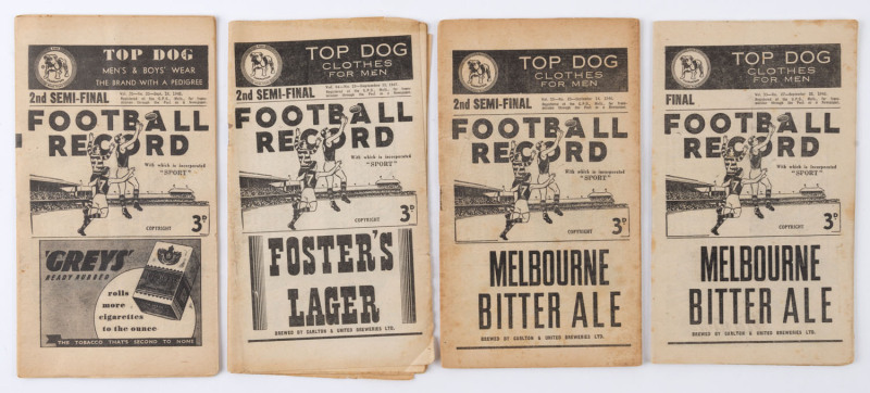 "THE FOOTBALL RECORD": Selection of 1946-48 editions comprising 1946 2nd Semi Final Essendon, drawn game, 14.16(100) v Collingwood 13.22(100) and for Preliminary Final, Collingwood v Melbourne; 1947 2nd Semi Final Carlton v Essendon; 1948 2nd Semi Final