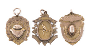 A lovely group of 9ct gold rugby league award fobs (10.2gms total), one for J. Hodges of St.Peters Football Club for the B Grade Premiership of 1921; one for L. Gentles of Waratah F.C. for the 1921C Grade Premiership and one for L. McAuley of Berry F.C. f