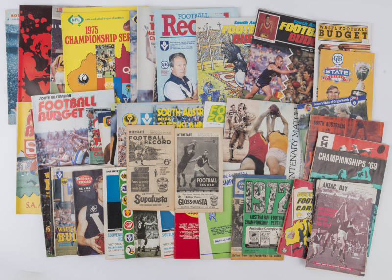 1960-1990 bundle of interstate and carnival football records including 1960 & 1963 South Australia v Victoria games, several SA "Football Budgets", etc; condition variable. Nice variety. (47)