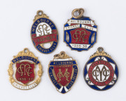 MELBOURNE CRICKET CLUB: membership badges for 1933-34 (No.4436), 1935-36 (No.309), 1936-37 (No.6311), all made by C.Bentley, plus 1937-38 (No.6392) made by K.C. Luke, & 1938-39 (No.1199) made by Stokes. (5)