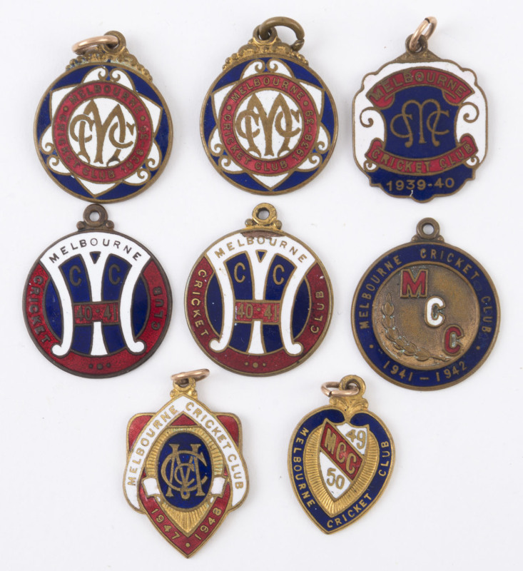 MELBOURNE CRICKET CLUB: membership badges for 1938-39 (2), 1939-40, 1940-41 (2), 1941-42, 1947-48 & 1949-50. (8)