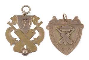NEWSTEAD CRICKET CLUB: a 9ct gold presentation fob (3.4gms) depicting crossed bats, a ball and a shield, engraved verso "N.C.C. Pres. to J. FRISWELL - 1919 - Batting Average"; also, another 9ct gold presentation fob (3.6gms) with crossed bats and a cricket ball surmounted by a football, engraved "C. & F.C. 1908 PREMIERS * CHAMPIONS 1909" and verso "W. Landy". (2 items).