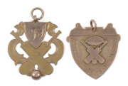 NEWSTEAD CRICKET CLUB: a 9ct gold presentation fob (3.4gms) depicting crossed bats, a ball and a shield, engraved verso "N.C.C. Pres. to J. FRISWELL - 1919 - Batting Average"; also, another 9ct gold presentation fob (3.6gms) with crossed bats and a cricke