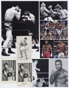BOXING PHOTOGRAPHS: with LIONEL ROSE signed photos (2) one additionally signed by manager Jack Rennie and wife Shirley, Ministry of Aboriginal Affairs photo with facsimile signature, large unsigned action photo (20x30cm) of Rose v Fighting Harada; also HEAVYWEIGHT BOXER photos of Ali v Norton (colour), Ali v Cooper (Ali being floored) and Ali v Bugner both in black & white, Lennox Lewis portrait in black & white, and colour photo showing Lewis and Anthony Joshua. (9 items)