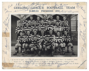 GEELONG FOOTBALL CLUB: 1951 Premiership mounted team photograph surrounded with 20 signatures including Fred Flanagan (Capt), Bernie Smith (Vice-Capt & 1951 Brownlow Medal winner), George Goninon (leading goalkicker for the year), Reg Hickey (Coach), Bob 