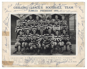 GEELONG FOOTBALL CLUB: 1951 Premiership mounted team photograph surrounded with 20 signatures including Fred Flanagan (Capt), Bernie Smith (Vice-Capt & 1951 Brownlow Medal winner), George Goninon (leading goalkicker for the year), Reg Hickey (Coach), Bob Davis, Neil Tresize & Peter Pianto; good condition, overall 24x19cm.