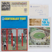 MELBOURNE CRICKET GROUND: MCG related group comprising 1976 'The MCG Story' booklet signed bt Harold Larwood, 1977 Centenary Test Match Celebrations Entree Cards (2), 1977 Centenary Test programme and Centenary Test FDC. (4 items)