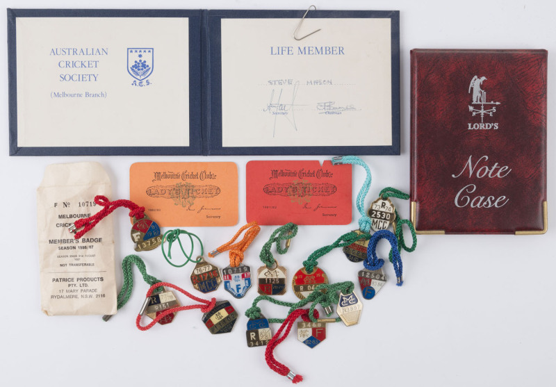 MELBOURNE CRICKET CLUB: 1973-74 to 1986-87 complete run of MCC membershuip badges (13), plus 1981-82 & 1982-83 Lady's Tickets; also Australian Cricket Society life membership certificate and a Lord Cricket Ground note case. (17 items)