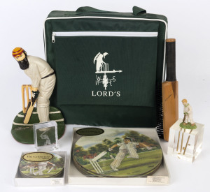 ASSORTED CRICKET MEMORABILIA: with 'W.G. Grace' cast-iron door stop, cuboid resin paperweight with internal flying cricket stumps, 'cricket bat' clothes brush, Wilscombe Design Ltd "The Cricketers" melamine table mats for plates (4) & cups (4) in original packaging, Stuart Crystal 'cricketer' book end and a Lord's Cricket Ground carry bag, and a small resin figure of boy cricketer. (8 items).