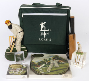 ASSORTED CRICKET MEMORABILIA: with 'W.G. Grace' cast-iron door stop, cuboid resin paperweight with internal flying cricket stumps, 'cricket bat' clothes brush, Wilscombe Design Ltd "The Cricketers" melamine table mats for plates (4) & cups (4) in original