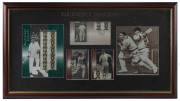 DON BRADMAN: window mounted display featuring signed photograph (19x22cm) and 1997 philatelic tribute material; attractively framed & glazed, overall 81x47cm.