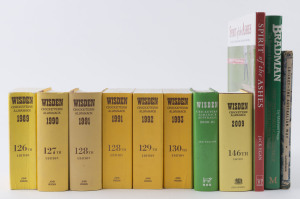 CRICKET LITERATURE INCLUDING WISDENS: with hardbound Wisdens for 1990, 1991 & 2009, softbound for 1989, 1991, 1992 & 1993, plus Australian Wisden Alamack for 2000-01 (3rd edition); also hardbound cricket books "Bradman: the Illustrated Biography" by Michael Page (1983), "Spirit of the Ashes" by Jack Egan (2006) and "Cricket the Australian Way" (1961) by Pollard signed by Richie Benaud. (11)