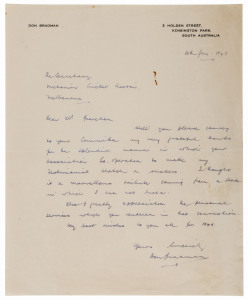 1948 BRADMAN TESTIMONIAL MATCH: folio of correspondence and documents relating to Bradman's Team v Hassett's Team Testimonial Game held at MCG Dec.3 to 7 1948, including a 1949 (Jan.10) signed letter from Bradman thanking the Victorian Cricket Association for their assistance in facilitating the event in which he reflects "I thought it a marvellous tribute coming from a State in which I had not lived"; 1949 (Jan.28) South Australian Cricket Association typed letter