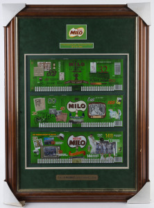 2006 ASHES SERIES: window mounted display for "The 3 Mobile Ashes Series 2006" featuring three Milo commemorative tin labels celebrating Ashes Cricket between 1988 an 2006, the centre label of the display SIGNED BY ADAM GILCHRIST; framed & glazed. overall 62x87cm.