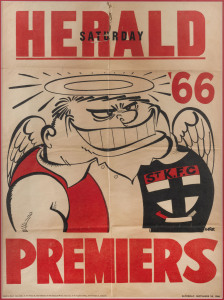 ST KILDA: 1966 original WEG premiership poster, tear and associated defects at top, window mounted, framed & glazed, overall 67x85cm.