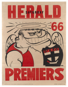ST KILDA: 1966 original WEG premiership poster, light folds, 51x67cm. Superior condition to the examples usually offered. A defective and stained example of this poster sold for $2600+ (incl. comms) in our November 2020 Sporting Memorabilia Sale.