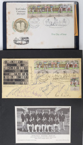 1977 CENTENARY OF TEST CRICKET: "TCCB/ The Centenary & Jubilee Pair", limited edition folder (#195 of 500 issued) including 1977 Centenary Test FDC with 17 Australian Test cricketer signatures including Lillee, Thomson, Walters, Marsh & Greg Chapell, plus 1977 Silver Jubilee Test cover with England team signatures including Brearley, Greig, Willis, Knott & Randall; some foxing,