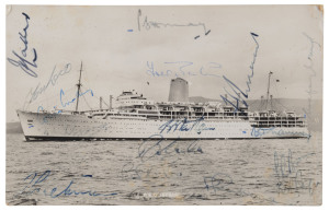 AUTOGRAPH BOOK: with mostly cricketer signatures from 1940s-60s era including Australian Test players Don Bradman, Richie Benaud, Bob Simpson, Neil Harvey, Wally Grout, Alan Davidson, Norm O'Niell, Bill Lawry & Graham McKenzie; West Indians Gary Sobers, Alf Valentine, Rohan Kanhai, Lance Gibbs, Frank Worell & Wes Hall; Englishmen Frank Tyson, Ray Illingworth, Alec Bedser, Colin Cowdrey plus postcard of Ship 'P&O Iberia' with signatures of 1958-59 Ashes squad