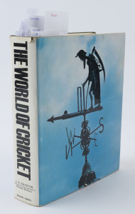 LITERATURE - WITH SIGNATURES: "The World of Cricket" by E.W. Swanton with AUTOGRAPHED entries (usually on images) for numerous players including Don Bradman, Lindsay Hassett, Alec Bedser, Richie Benaud (2), Ted Dexter, Tom Graveney, Len Hutton, Ian Johnston, Jim Laker, Bill Lawry, Peter May, Keith Miller (2), Bill Ponsford (3), Fred Trueman & Frank Tyson; also (at page 831) the Australian 1964 Test team (beneath colour photo); the book 1163pp hardbound with dustjacket.