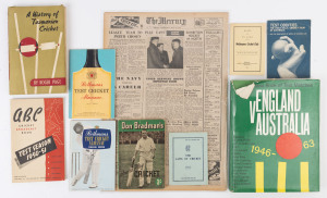 LITERATURE: selection with hardbound "A History of Tasmanian Cricket" by Roger Page, "Rothman's Book of Test Matches England v England 1946-63"; also journals Don Bradman's "How to Play Cricket", "ABC Cricket Broadcast Book: Test Season 1950-51", Rothman's Test Cricket Almanacs for 1962-63 & 1965-66 series and a 1948 (July 28) edition of Hobart Mercury (with CofA) leading with a Leeds 4th Test Match report, a game eventually won by Australia by 7 wickets, Bradman scoring 173 n.o. and Arthur Morr
