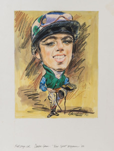 JOSEPH GREENBERG (1923 - 2007), "Darren Gauci - Champion Jockey", mixed media on artist board, signed and dated "Greenberg '86" lower right, 32 x 25cm. The artwork for a full page illustration in "Your Sport" magazine.