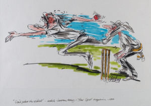 JOSEPH GREENBERG (1923 - 2007) "Don't picket the wicket", two original pen & wash illustrations to accompany an article by Lawrence Money in "Your Sport" magazine, 1986. Both signed; 24 x 31cm and 24 x 39cm. (2).
