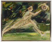 JOSEPH GREENBERG (1923 - 2007),  "Suzanne Lenglen, who fought memorable battles at Wimbledon with Helen Wills Moody in the Twenties", acrylic on board, signed lower right, circa 1975, 40 x 50cm. 