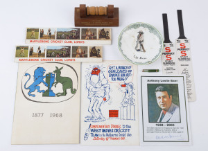 SELECTION with 1968 Melbourne Cricket Club dinner menu with Weg cartoon on front, dedicated to West Indies Cricket Team, festooned with signatures on reverse including Lindsay Hassett, Percy Beames, Barry Jarman, Jack Fingleton, Bob Simpson, Clive Lloyd, Roy Fredericks, Rohan Kanhai, Steve Camacho & Basil Butcher, plus journalists Henry Blofeld & Tony Cozier; also commemorative folder for 1968 200th Test between England and Australia, bail on wooden stand commemorating Australia's 1968 Third Tes
