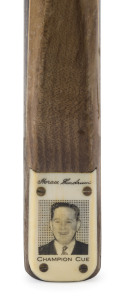 HORACE LINDRUM - CUE: "Champion" cue made by Peradon, ash shaft with hand spliced Macassar ebony butt, engraved ivory brand plate, length 57" (145cm), weight 17oz, soft vinyl cue case. c.1950s.