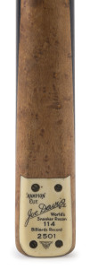 JOE DAVIES - CUE: "Champion '114'" cue made by Peradon or EJ Riley, ash shaft with spliced ebony butt, birds-eye maple front splice. These cues were made to commemorate Davies' 114' break in March 1933; weight 16oz, length 57" (145cm), soft vinyl cue case, c. mid 1930s.