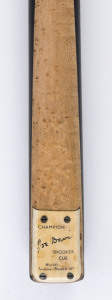 JOE DAVIES - CUE: "Champion '147'" cue made by Peradon, ash shaft with spliced ebony butt, birds-eye maple front splice. These cues were made to commemorate the first officially recognized maximum snooker break of 147 achieved by Davies in a 1955 exhibition match against Willie Smith; weight 17oz, length 57.5" (146cm), soft vinyl cue case, c. late 1950s.