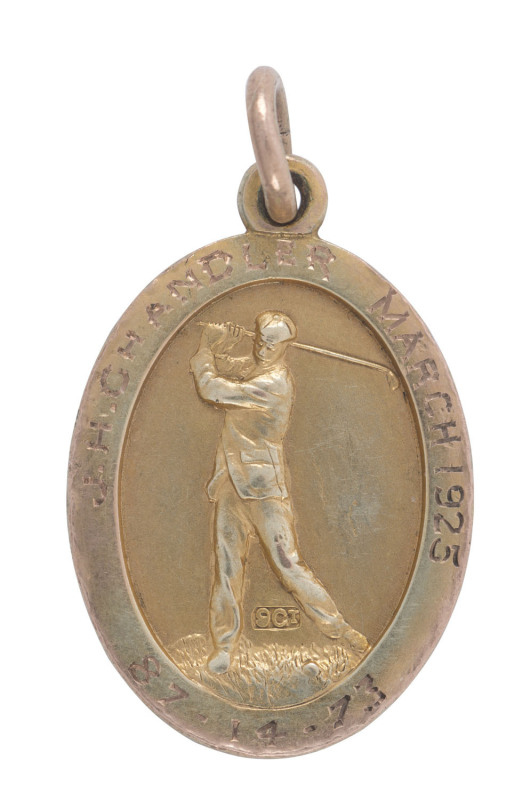 Yarra Yarra Golf Club, 9ct gold & enamel fob depicting a golfer in action, engraved for J.H. CHANDLER, March 1925, 87-14-73".