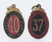 ST. KILDA CRICKET CLUB: 1937 and 1940 brass & enamel membership fobs by Bridgland & King; the first being #99, the second #409. (2).