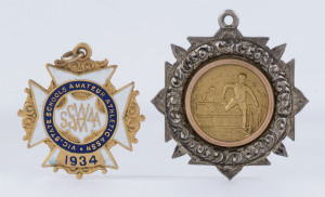 ATHLETICS: A sterling silver & 9ct gold fob (depicting a hurdles race) intriguingly engraved verso "OCEAN ISLAND II : LONG JUMP won by J. PITTLE : 1.1.1916"; also, a 9ct gold & enamel fob Made by Wittenbach for the Victorian Schools Amateur Athletic Association 1934, engraved verso "CHAMPION : BOY'S RACE - under 15". (2 items).