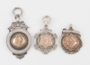 A group of sterling silver and 9ct gold cricket fobs, engraved for awards in 1923, 1930, 1937 and 1950. (4 items).