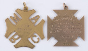 A 9ct gold cricket fob in the shape of a Maltese Cross (4.5g) engraved verso "Presented to LAH. C.C. By W.G. HEWITT - Batting Average Won by P. DAWE - 1909-10". (Is this Lahore Cricket Club?). - 2