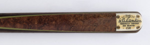 WILLIAM CAMKIN - CUE: "The W.A.Camkin" cue made by Peradon, ash shaft with machine spliced butt, amboyna front splice; weight 17oz, length 57.5" (146cm), soft vinyl cue case, c.1940s. William Camkin was a billiards/snooker entrepreneur and match promoter, running a number of billiard halls in the Birmingham area of England. One of his greatest achievements as a promoter was signing up Walter Lindrum for a 1930-31 tour of England and the USA.