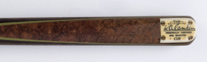 WILLIAM CAMKIN - CUE: "The W.A.Camkin" cue made by Peradon, ash shaft with machine spliced butt, amboyna front splice; weight 17oz, length 57.5" (146cm), soft vinyl cue case, c.1940s. William Camkin was a billiards/snooker entrepreneur and match promoter