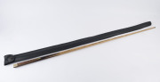 WILLIAM CAMKIN - CUE: "The W.A.Camkin" cue made by Peradon, ash shaft with machine spliced butt, amboyna front splice; weight 17oz, length 57.5" (146cm), soft vinyl cue case, c.1940s. William Camkin was a billiards/snooker entrepreneur and match promoter - 2